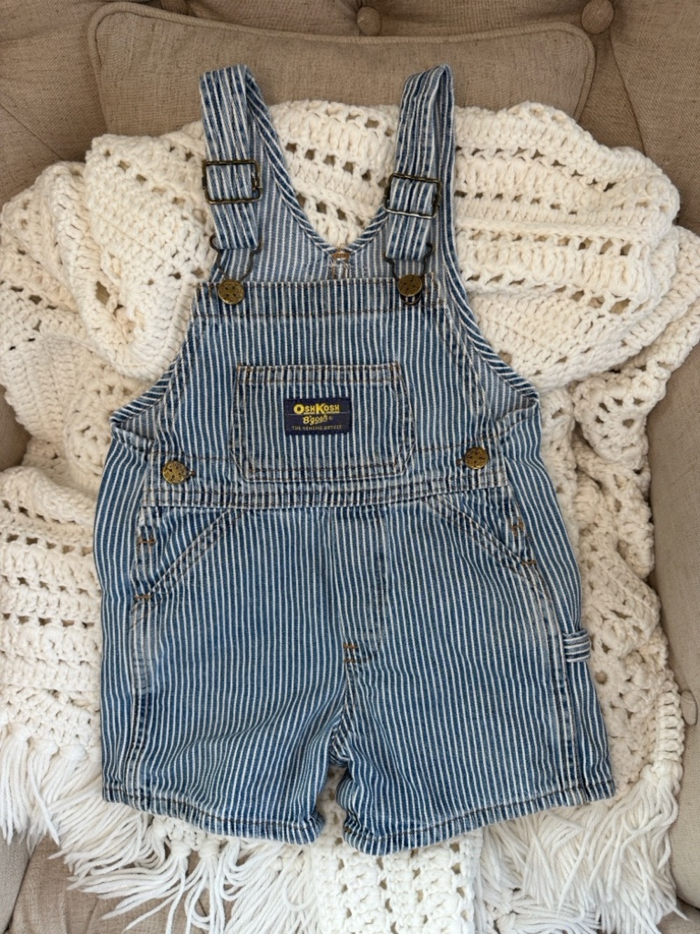 Vintage Oshkosh B’Gosh engineer stripe shortalls / overall shorts